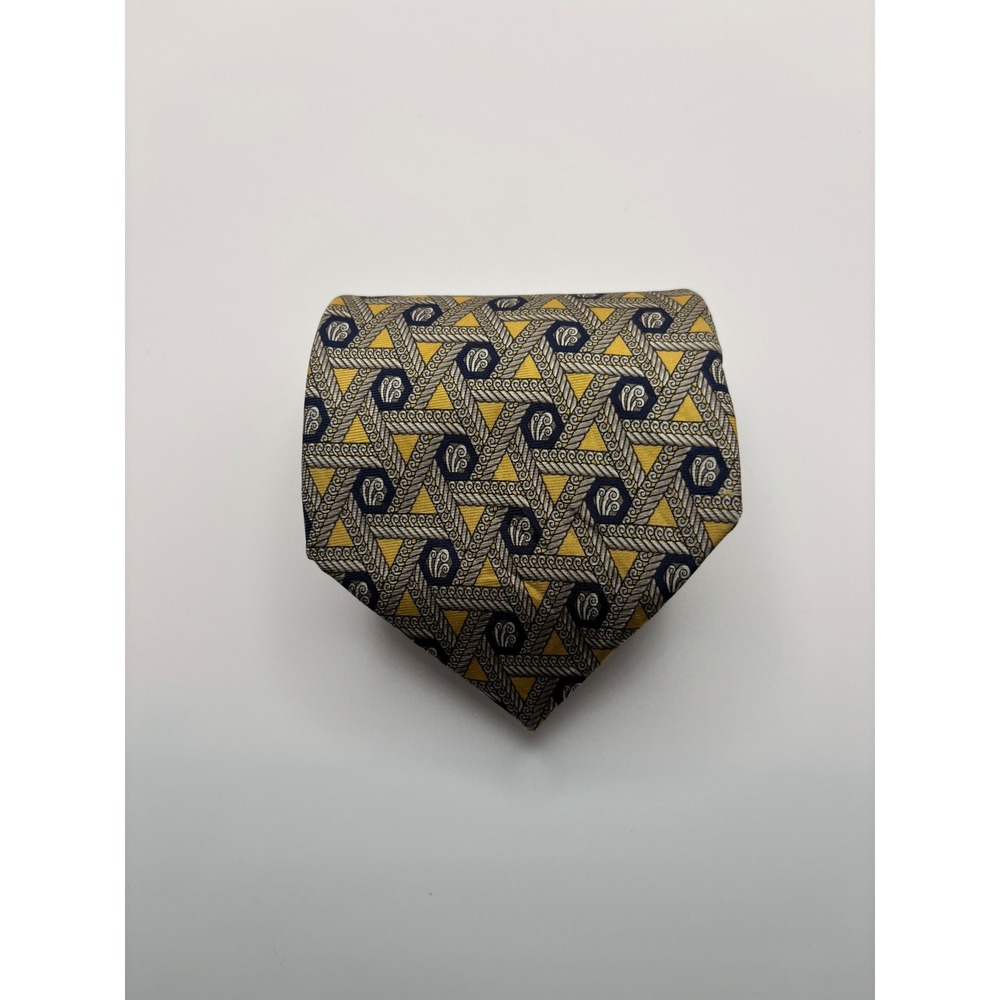 Peterborough Row Bloomingdales Silk Tie Yellow Navy Blue Geometric Rope Pattern